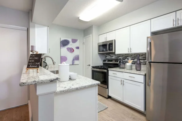 Renovated kitchen with white cabinets, granite countertops and stainless steel appliances at Arbour Ponds